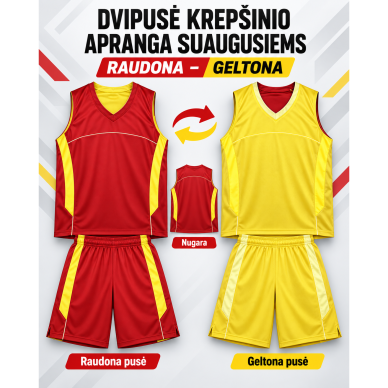 Dvipusė krepšinio apranga suaugusiems (raudona-geltona spalvos) Dvipusė krepšinio apranga suaugusiems (raudona-geltona spalvos)